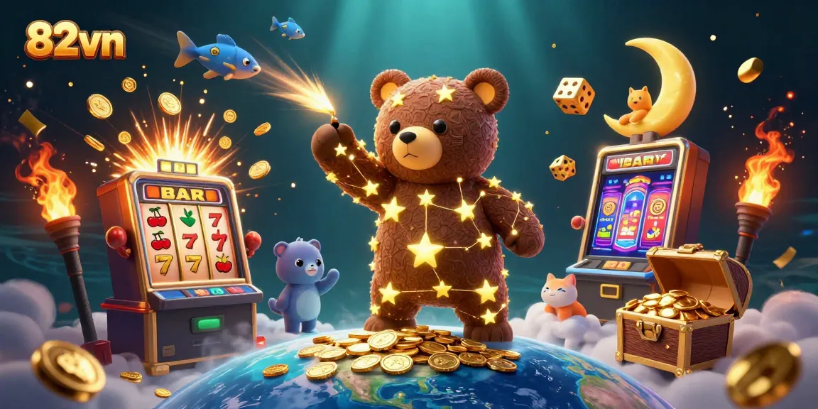 Win big with 82vn in this dynamic 3D casino scene featuring lucky elements and vibrant colors.