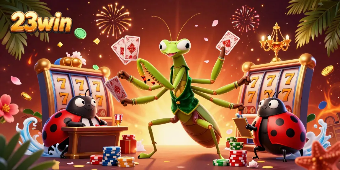 Engage gamers with 23win's vibrant casino adventure, showcasing dynamic gameplay action and festive atmosphere.