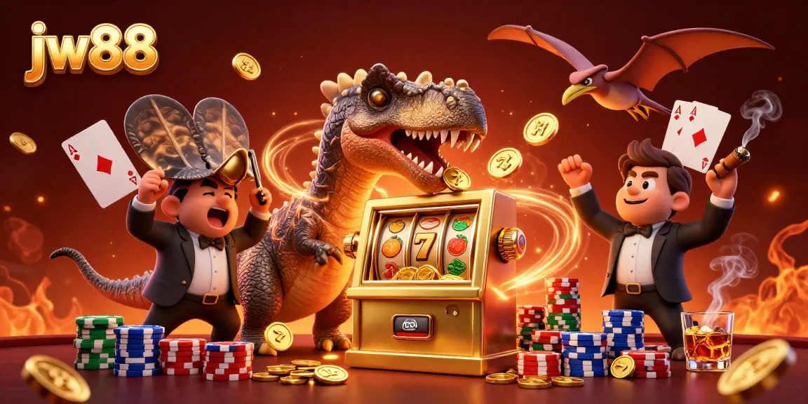 Experience jw88 with a dynamic scene of a pachycephalosaurus hitting a slot machine for jackpot coins amidst vibrant casino elements.