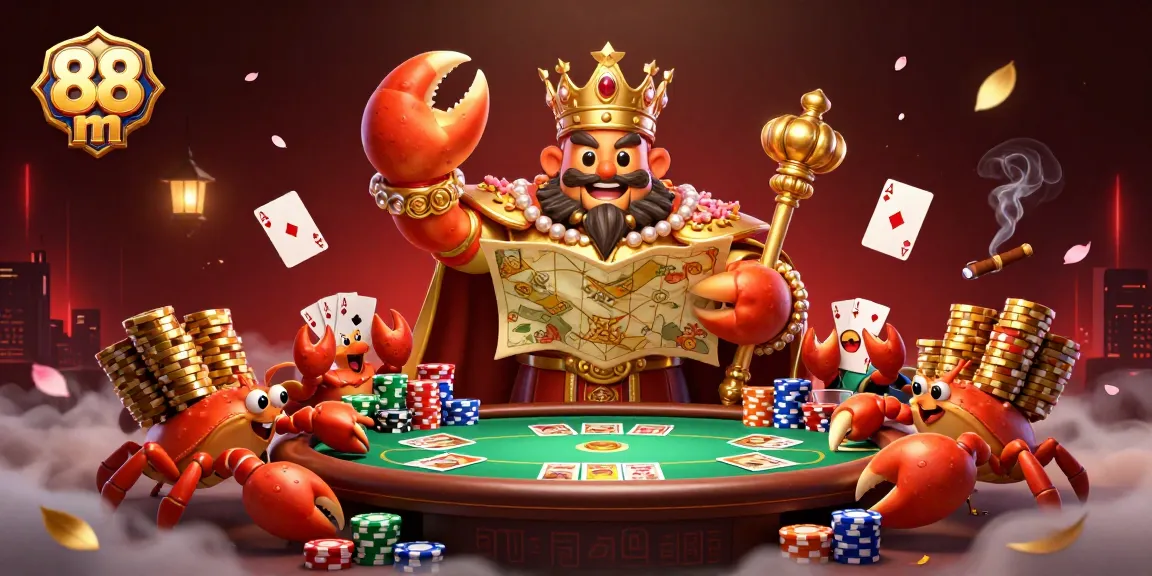Engage in thrilling moments at 88 m casino with the golden crab emperor and colorful poker elements.