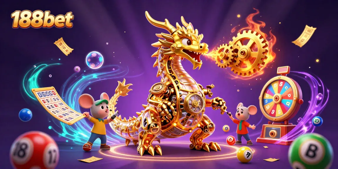 Experience the thrilling action of 188bet with a vibrant 3D illustration featuring a golden dragon and colorful lottery elements.