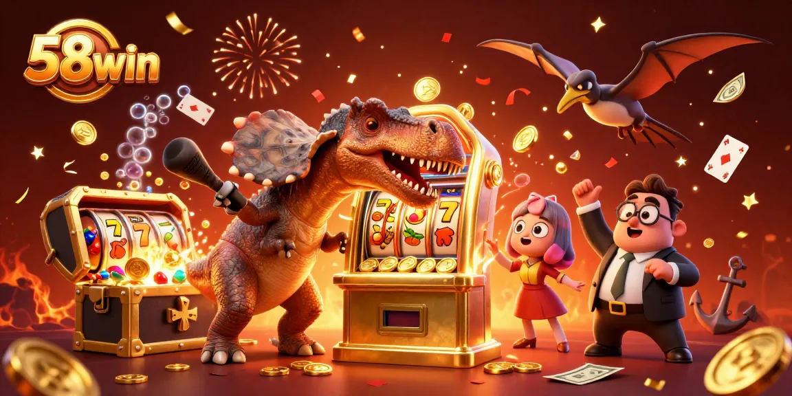 Experience the excitement of 58win with cartoon dinosaurs in a vibrant casino scene.
