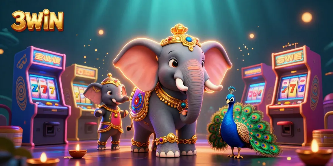 Win big at 3WIN with an exciting casino scene featuring vibrant characters and golden slot machines.