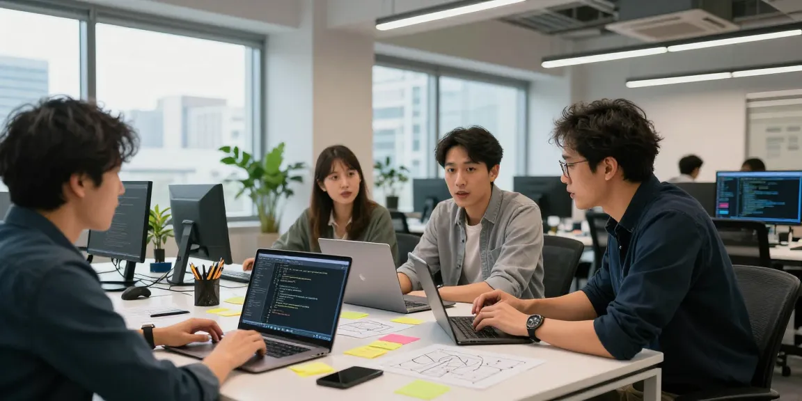 Developers collaborating on telegraimin.com projects in a bright tech workspace.