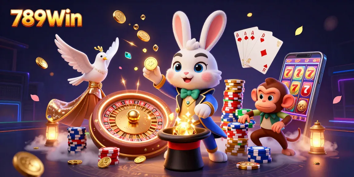 Experience winning excitement with 789Win’s dazzling casino scene featuring a magician and playful characters.