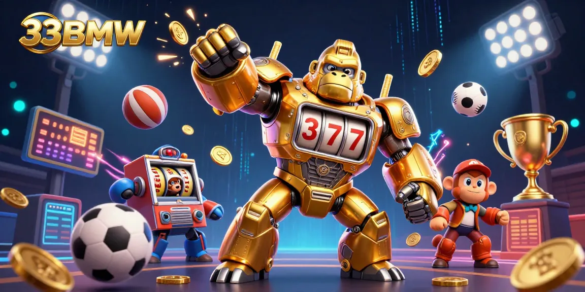 Engage with 33BMW's thrilling gaming experience, illustrated by dynamic characters in a vibrant scene.
