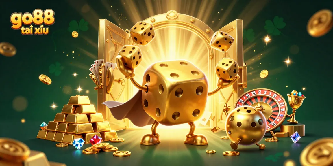 Engage in the excitement of go88 tài xỉu with a lively illustration of gambling icons and animated characters.