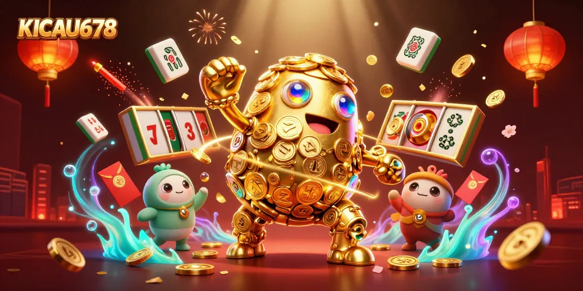 KICAU678 golden golem spins lucky slots in a vibrant casino scene filled with festive elements.