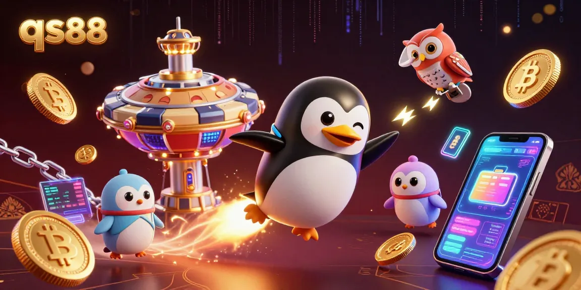 Experience thrilling qs88 gaming adventures with a golden penguin in a vibrant casino space scene.