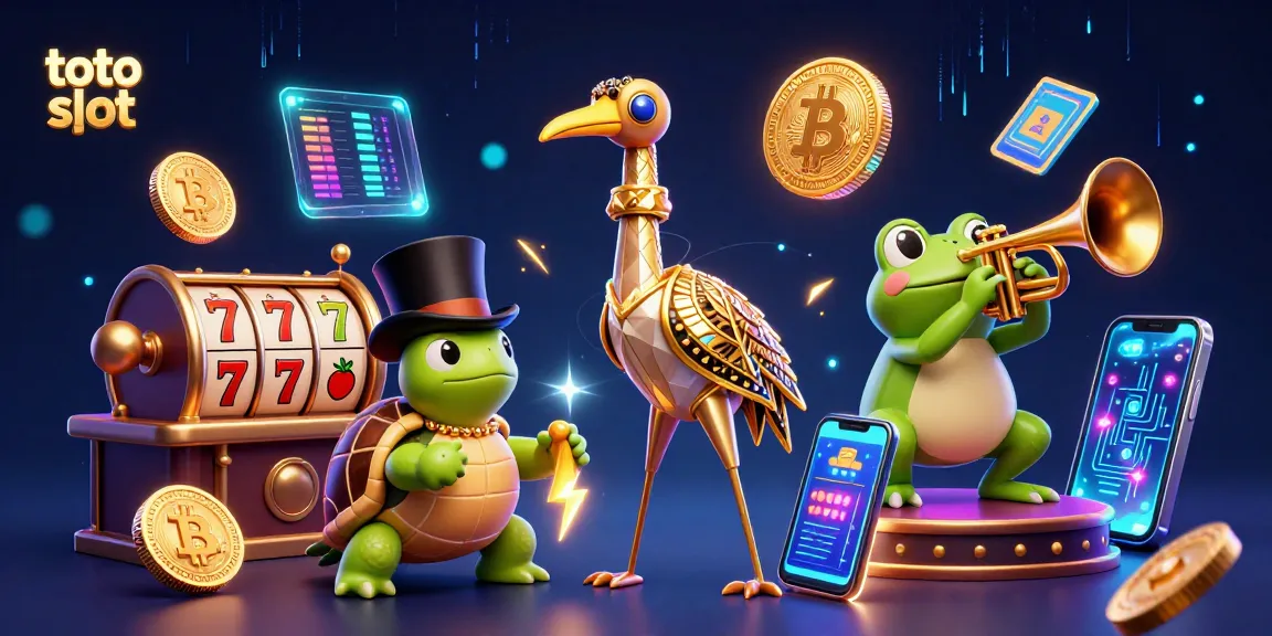 Menyusun strategi di toto slot dengan simbol slot, 7 keberuntungan, dan koin crypto yang bersinar.