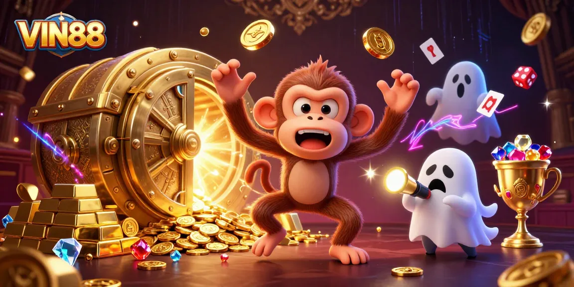 Experience the thrill of VIN88 in a haunted casino with a playful monkey and ghost-hunter puppy.