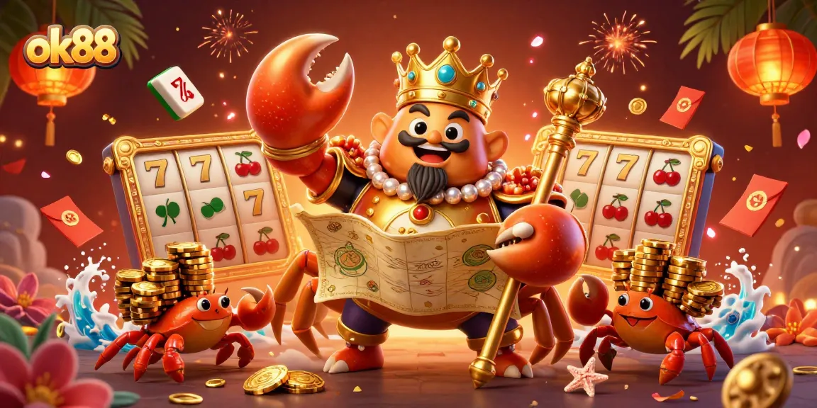 Experience the vibrant world of ok88 with a golden crab emperor amidst casino elements, slot reels, and festive decorations.