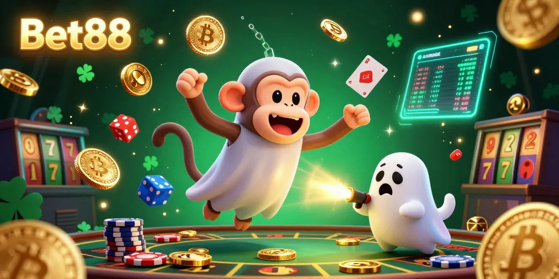 Experience thrilling gameplay at Bet88 in a vibrant casino scene with a ghostly monkey and curious puppy.