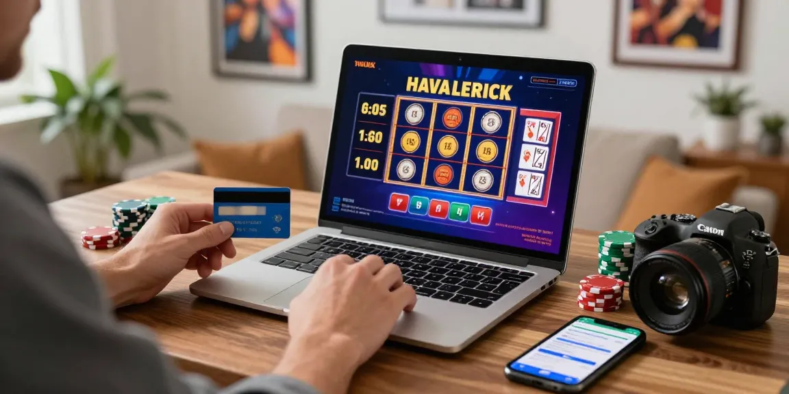 Player enjoying gaming at credit card casino via https://alsbury.co.uk/, laptop, credit card, vibrant atmosphere, home setup.