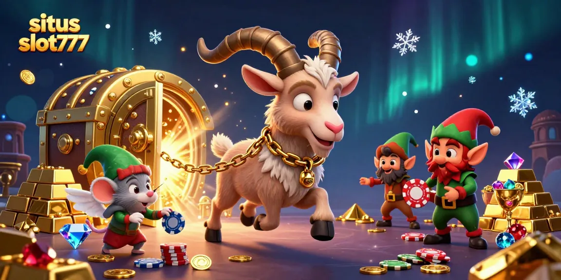 Experience the excitement of situs slot777 with festive Krampus, magical gems, and animated characters in a dynamic casino scene.