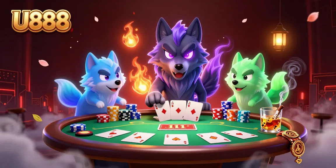 Engage with U888's festive poker scene featuring spectral wolves, vibrant chips, and glowing aura elements.