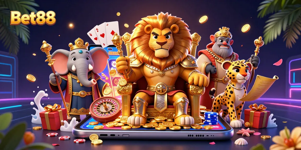 Experience excitement with Bet88's vibrant gaming scene featuring a lion king and slot games.