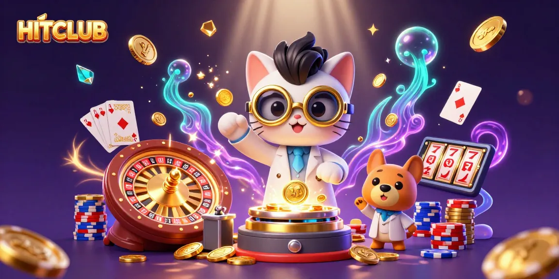 Win big at HITCLUB with exciting 3D illustration of a mad scientist cat and golden casino elements.