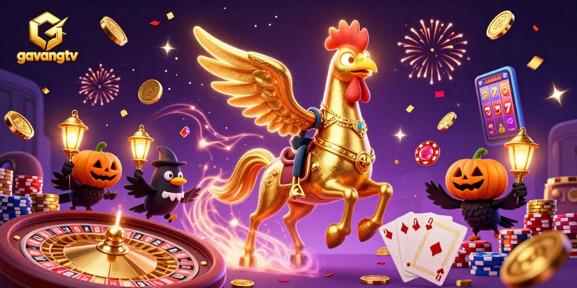 Experience the thrilling action of gavangtv with the golden rooster in a vibrant casino scene.