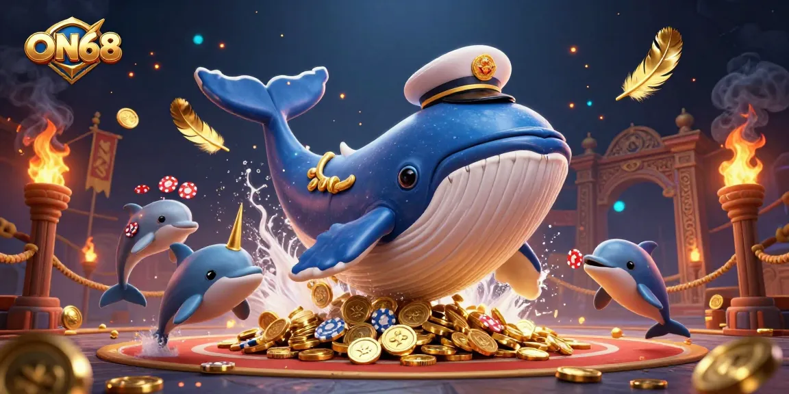 Engage with ON68's immersive casino scene featuring a playful whale and exciting gaming elements.