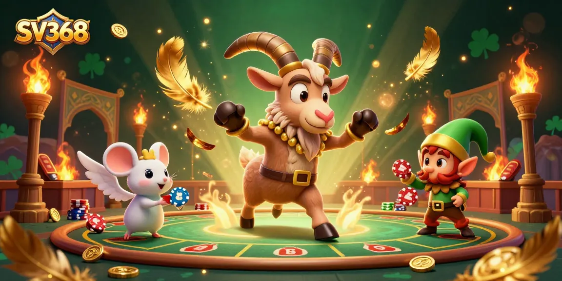 Experience SV368's vibrant online casino, featuring a whimsical Krampus goat, angel mouse, and mischievous gremlins.