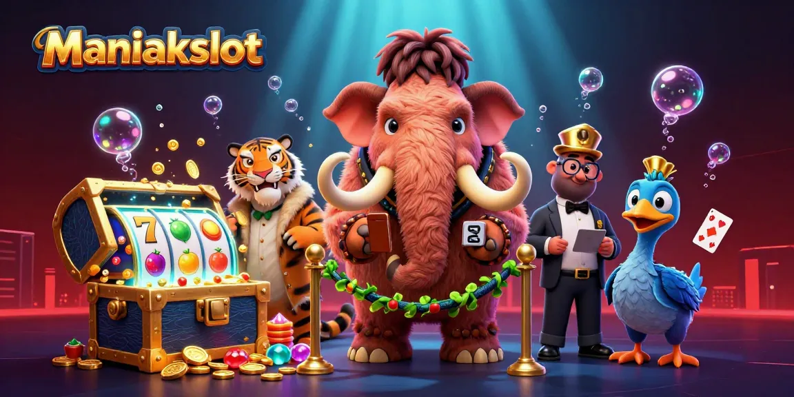 Engage in thrilling casino action at Maniakslot with a vibrant 3D scene featuring dynamic characters and game elements.