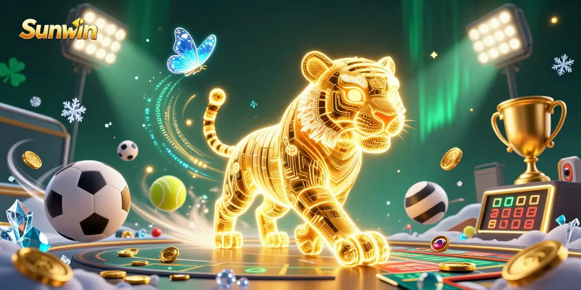 Sunwin showcases a vibrant digital casino scene with a golden tiger, animated sports elements, and dynamic casino visuals.