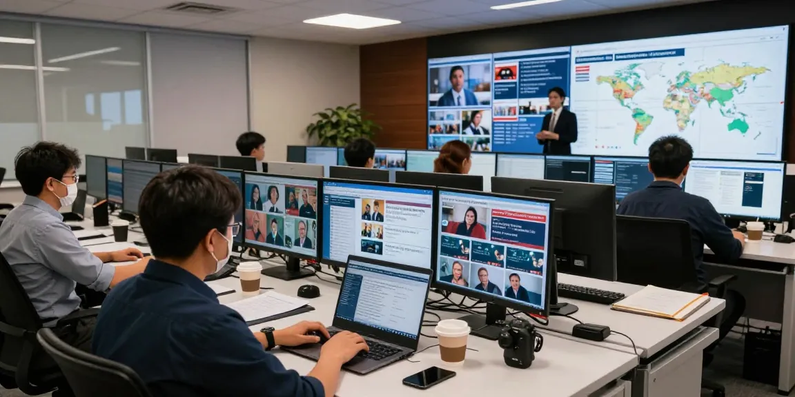 News editor working in a vibrant newsroom displaying headlines from https://www.theindaily.com, showcasing collaborative journalism.