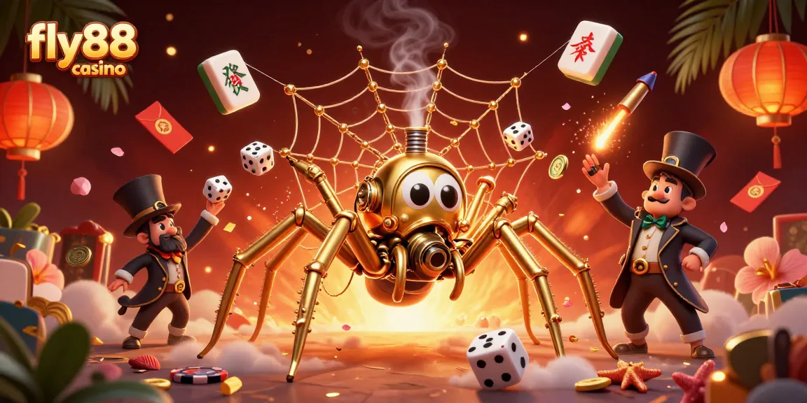 Engage in vibrant fly88 casino action with a thrilling 3D scene of a steampunk spider.