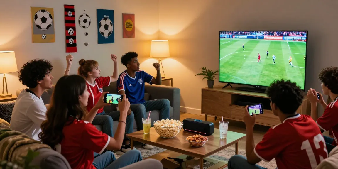 Menonton live streaming bola dengan teman-teman di ruang tamu yang hangat, suasana meriah dengan camilan dan dekorasi sepak bola.