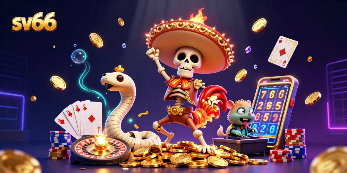 Experience excitement at sv66 with a vibrant 3D casino scene of whimsical characters celebrating wins.
