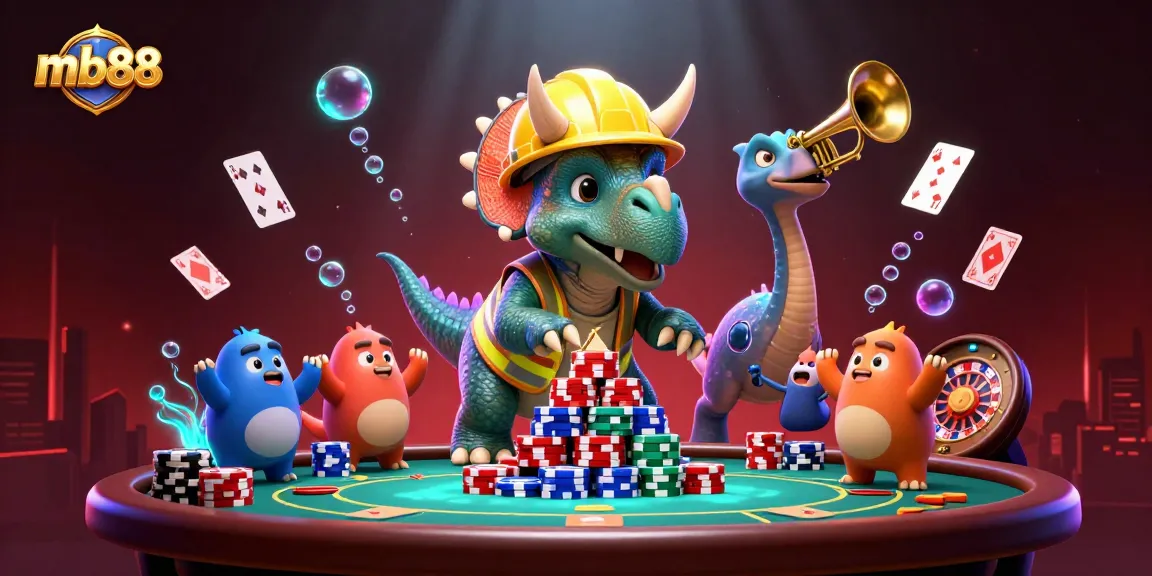 Join the excitement at mb88 with a triceratops and friends surrounded by poker games and vibrant casino themes.