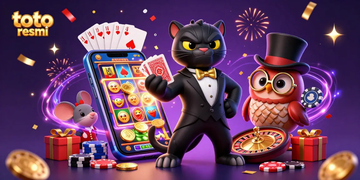 Gambarkan toto resmi dengan panther elegan, burung hantu dengan cip poker, dan tikus keberuntungan dalam suasana kasino.