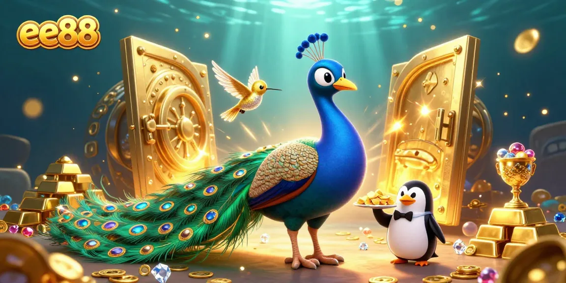 Win big with ee88 in an extravagant casino scene featuring vibrant characters and rich treasures.