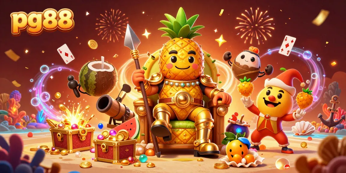 Join the action at pg88 with the golden pineapple king and his entourage in an electric casino scene.
