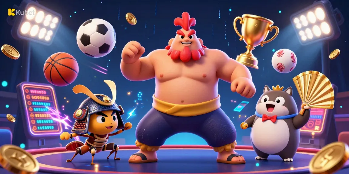 Kubet offers an exciting casino experience featuring a powerful rooster sumo wrestler and dynamic sports elements.