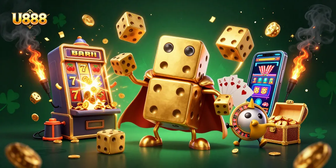 Experience U888's vibrant casino adventure with golden dice, slot jackpots, and engaging gaming elements.