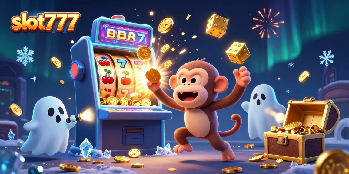 Experience the excitement of slot777 with a mischievous monkey juggling golden tokens amidst a bursting slot machine