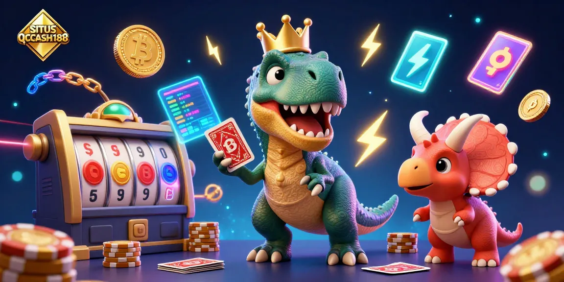 Experience the excitement of gambling with SITUS QQCASH188 illustrated in a vibrant scene featuring a T-Rex and crypto elements.