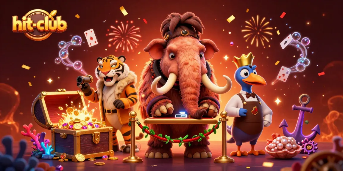 Exciting hit-club scene with a woolly mammoth bouncer and saber-tooth guest ready for the casino adventure.