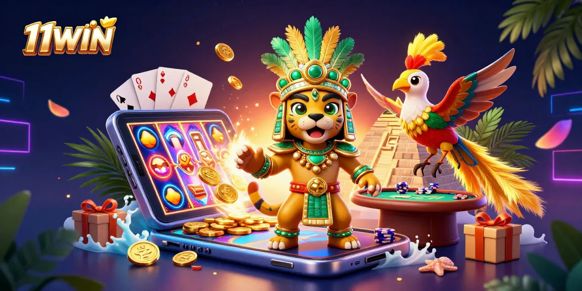 Engage with 11WIN's vibrant casino scene featuring a Mayan priest, slot games, and rich gaming elements.
